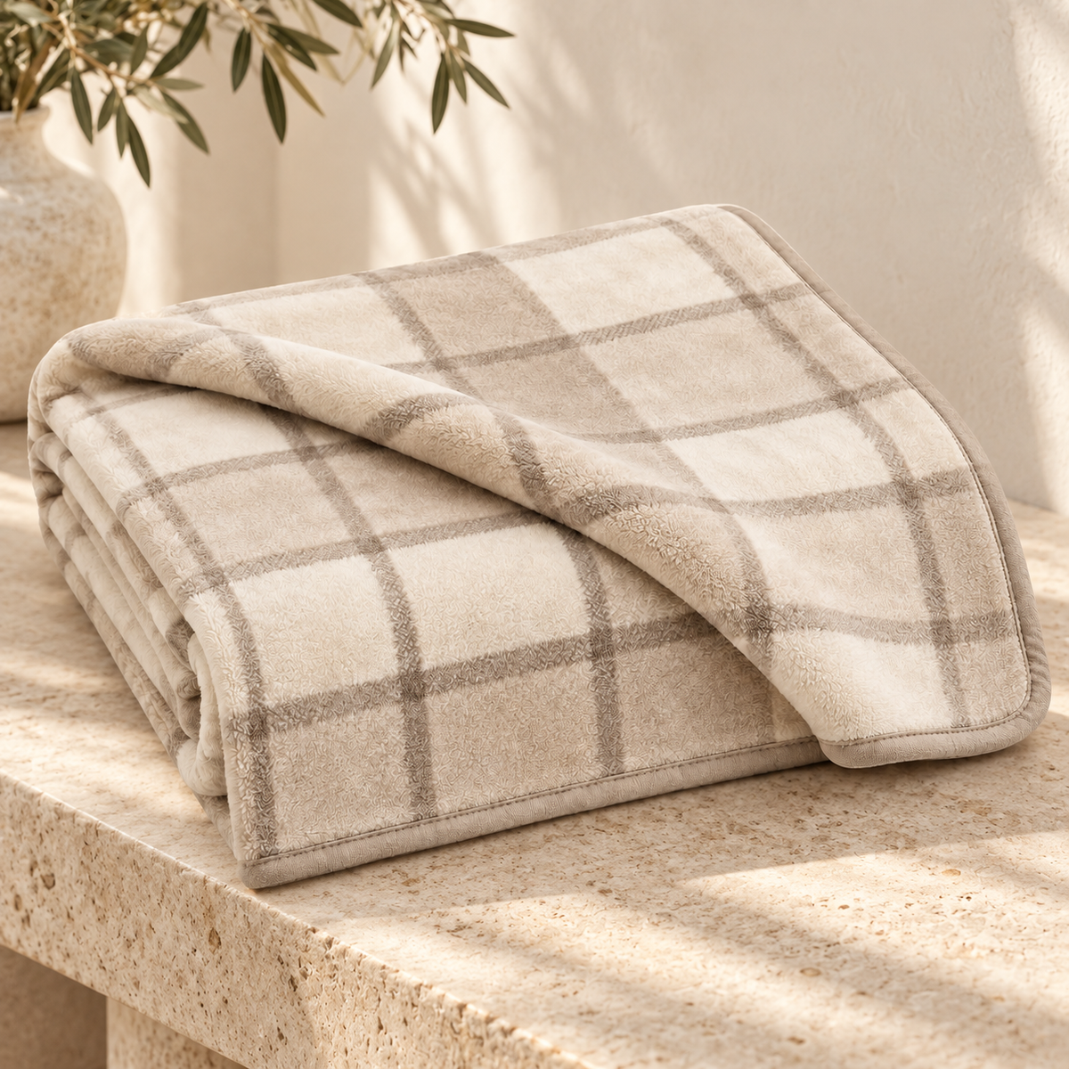 Lunaveller Beige Plaid Plush Pet Blanket – Soft Checkered Throw Blanket for Cats & Dogs