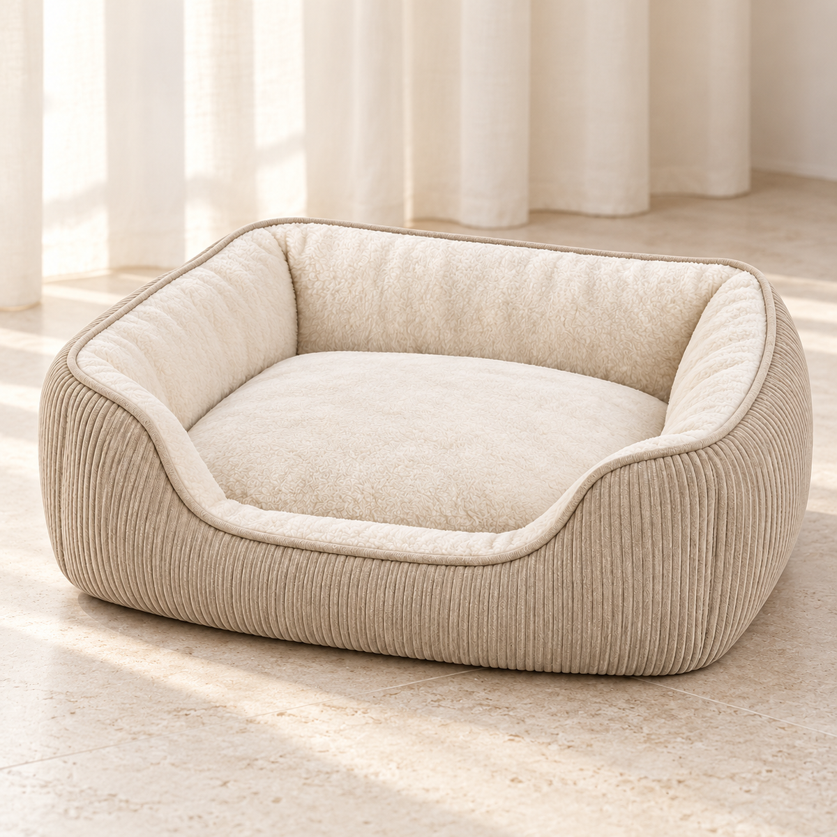 Lunaveller Cream Corduroy Bolster Pet Bed – Soft Cozy Sofa Style Sleeping Bed for Cats & Dogs