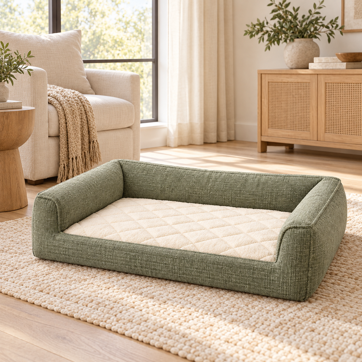 Lunaveller Sage Green Low Bolster Pet Bed – Quilted Soft Cushion Sleeping Bed for Cats & Dogs