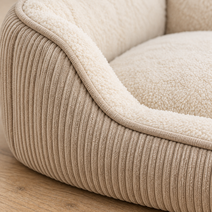 Lunaveller Cream Corduroy Bolster Pet Bed – Soft Cozy Sofa Style Sleeping Bed for Cats & Dogs