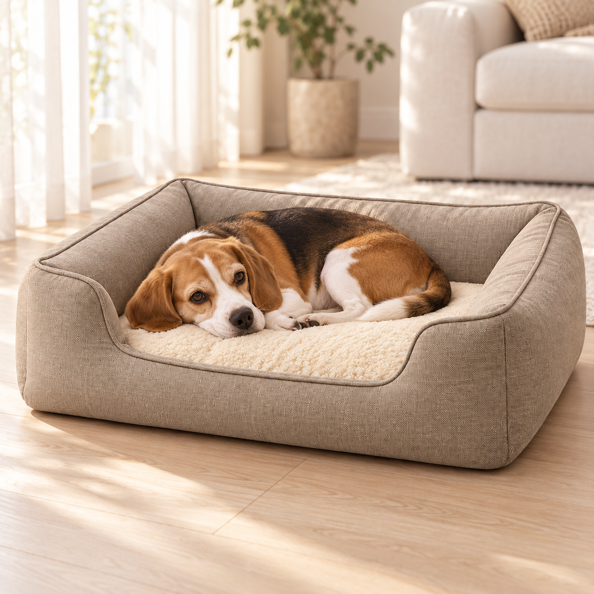 Lunaveller Cozy Bolster Pet Bed – Beige Soft Cushion Sleeping Bed for Dogs & Cats
