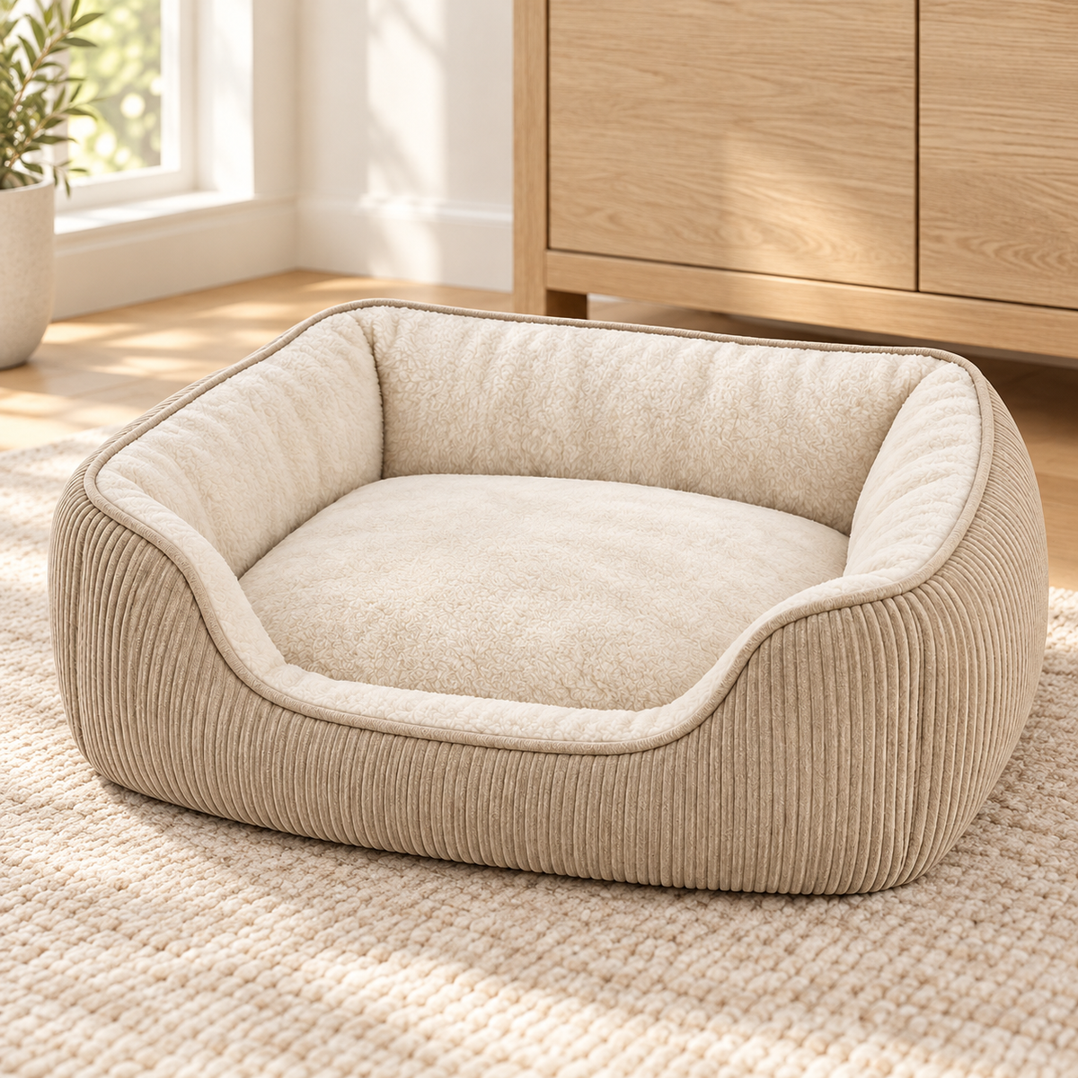 Lunaveller Cream Corduroy Bolster Pet Bed – Soft Cozy Sofa Style Sleeping Bed for Cats & Dogs