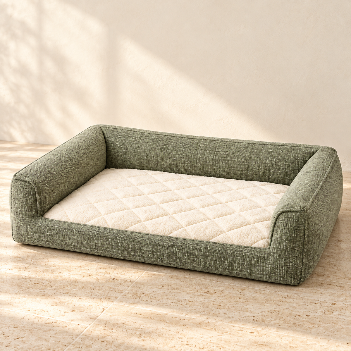Lunaveller Sage Green Low Bolster Pet Bed – Quilted Soft Cushion Sleeping Bed for Cats & Dogs