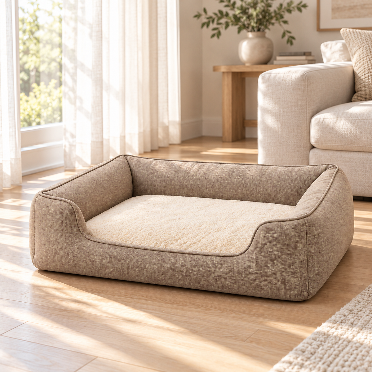 Lunaveller Cozy Bolster Pet Bed – Beige Soft Cushion Sleeping Bed for Dogs & Cats