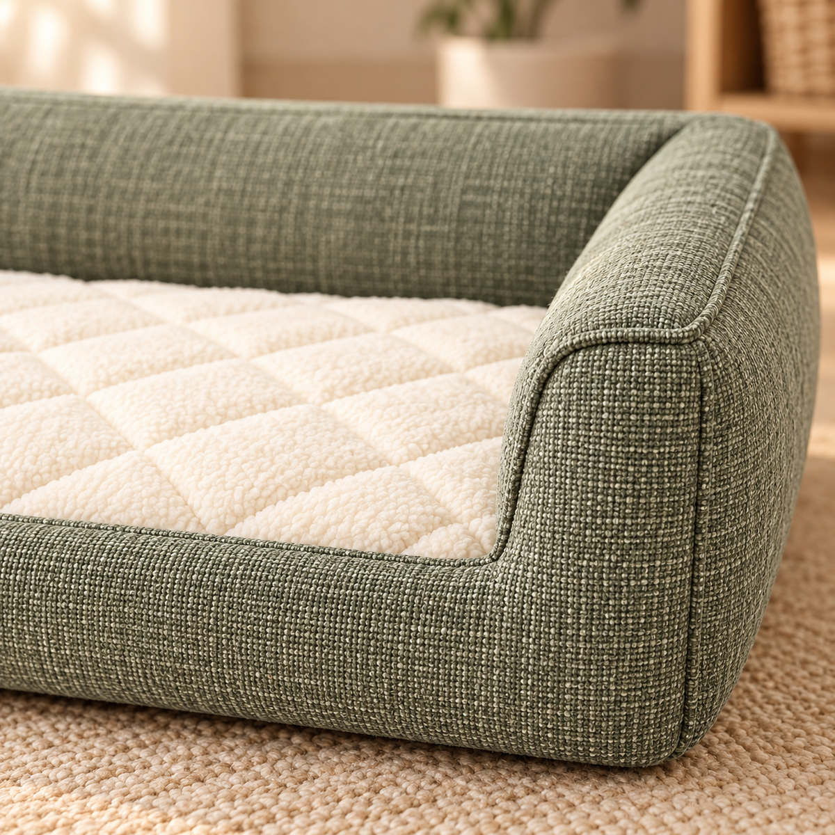 Lunaveller Sage Green Low Bolster Pet Bed – Quilted Soft Cushion Sleeping Bed for Cats & Dogs
