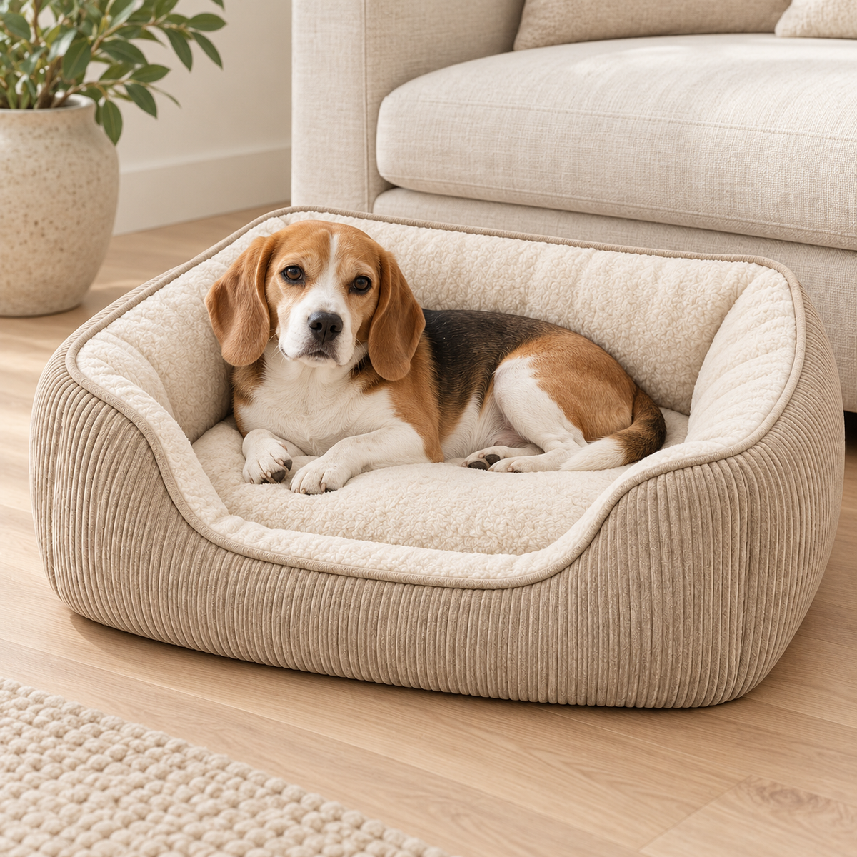 Lunaveller Cream Corduroy Bolster Pet Bed – Soft Cozy Sofa Style Sleeping Bed for Cats & Dogs