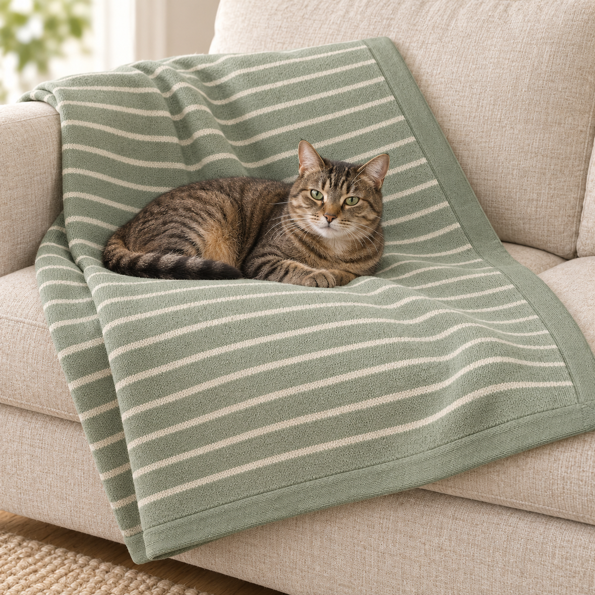 Lunaveller Sage Green Stripe Pet Blanket – Soft Knit Throw Blanket for Cats & Dogs