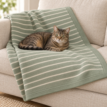 Lunaveller Sage Green Stripe Pet Blanket – Soft Knit Throw Blanket for Cats & Dogs