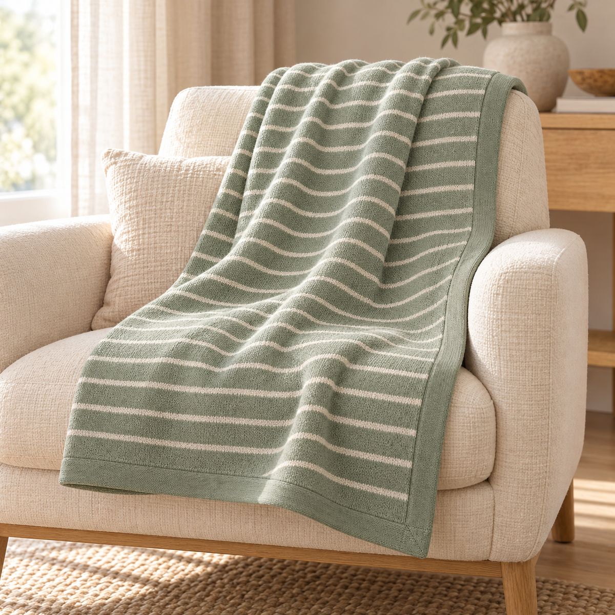 Lunaveller Sage Green Stripe Pet Blanket – Soft Knit Throw Blanket for Cats & Dogs