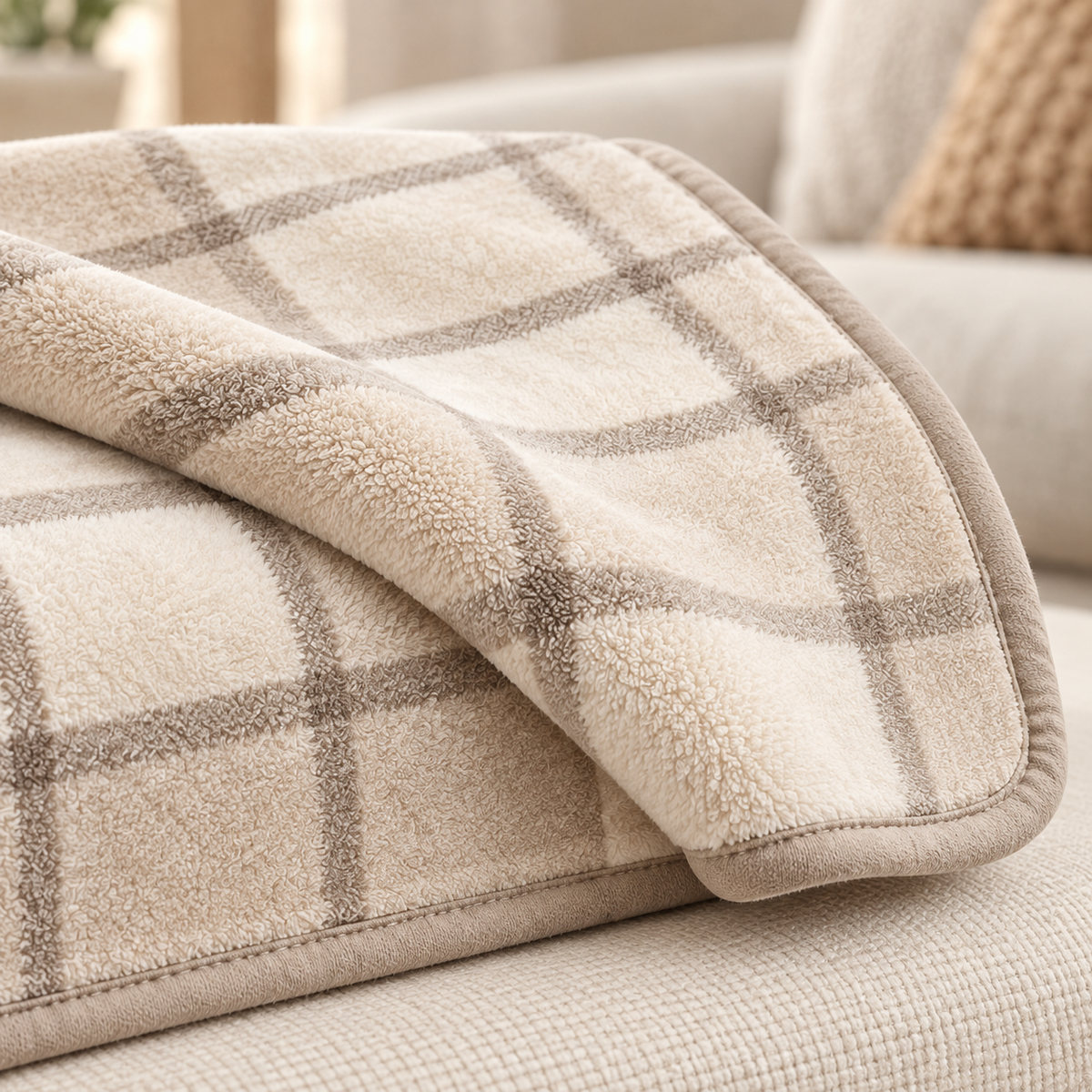 Lunaveller Beige Plaid Plush Pet Blanket – Soft Checkered Throw Blanket for Cats & Dogs