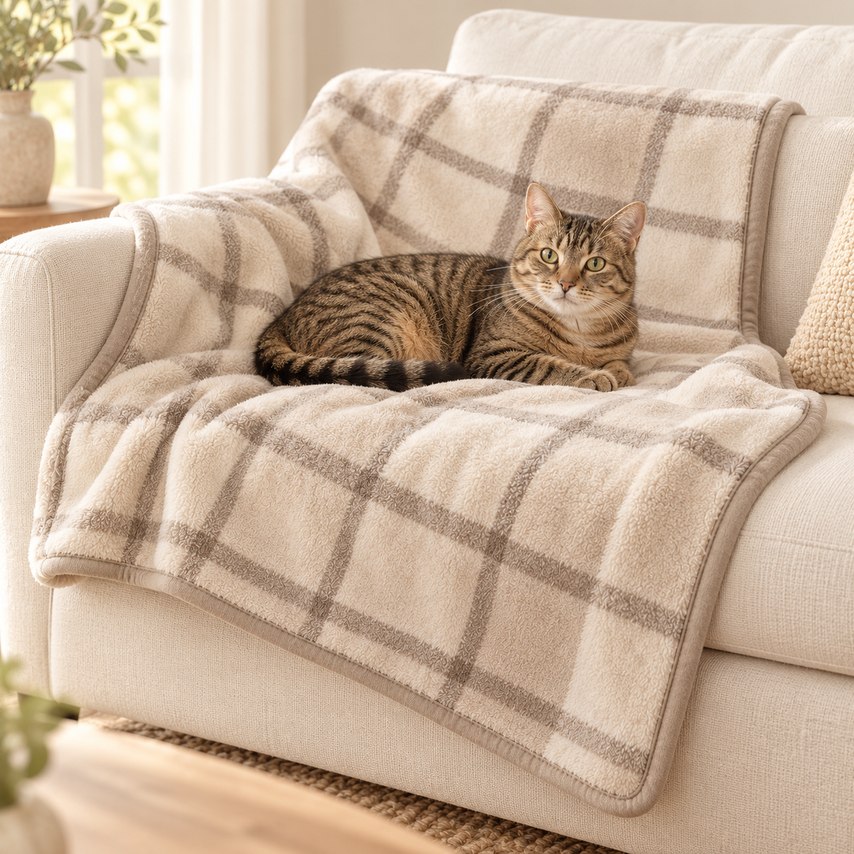 Lunaveller Beige Plaid Plush Pet Blanket – Soft Checkered Throw Blanket for Cats & Dogs