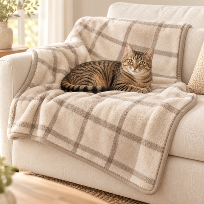 Lunaveller Beige Plaid Plush Pet Blanket – Soft Checkered Throw Blanket for Cats & Dogs