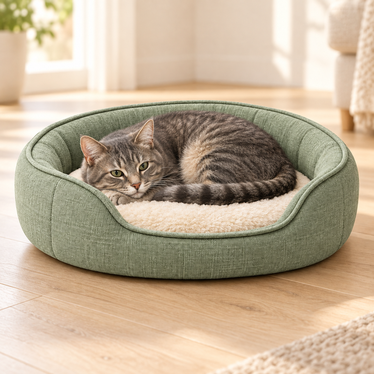 Lunaveller Round Bolster Pet Bed – Sage Green Soft Sleeping Bed for Cats & Small Dogs